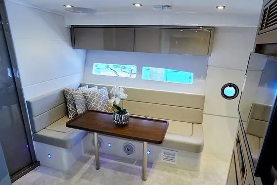  Yacht Photos Pics Luxurious interior of 2026 Schaefer 400 yacht with elegant seating and modern decor.