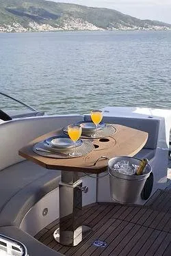  Yacht Photos Pics Luxury Schaefer 400 yacht deck with drinks, ocean view, 2026 model.