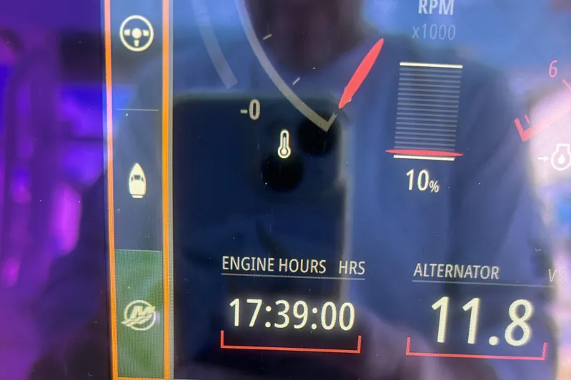  Yacht Photos Pics 2024 Crevalle 33 CSF dashboard displaying engine hours and alternator voltage.