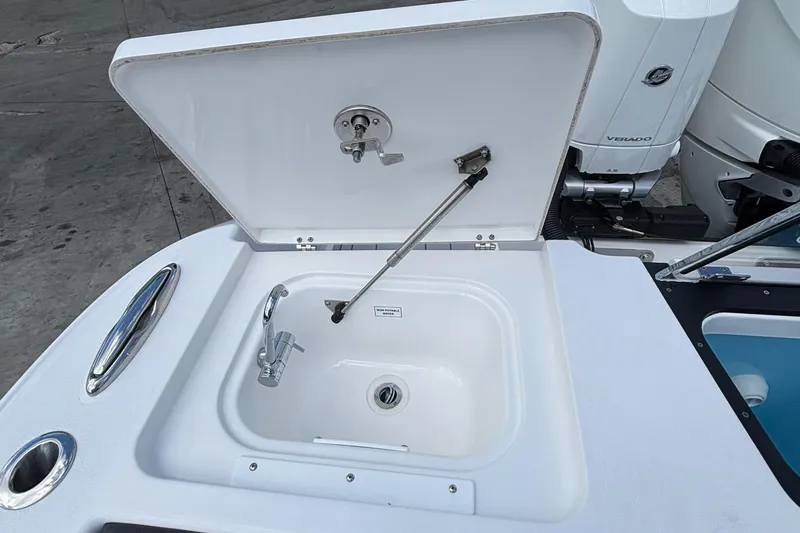  Yacht Photos Pics 2024 Crevalle 33 CSF boat sink with open lid and faucet.