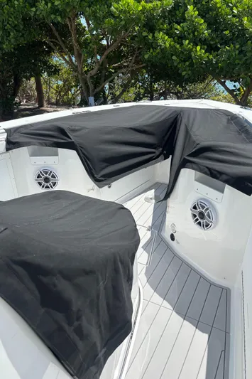  Yacht Photos Pics 2024 Crevalle 33 CSF boat interior with covered seating and speakers, surrounded by lush greenery.