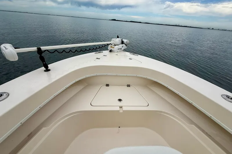  Yacht Photos Pics 2019 Young Boats 27 on calm water, showcasing bow and trolling motor.