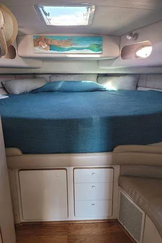 Backatcha Yacht Photos Pics 1995 Sea Ray 440 Express Bridge cabin interior with bed, storage, and skylight.