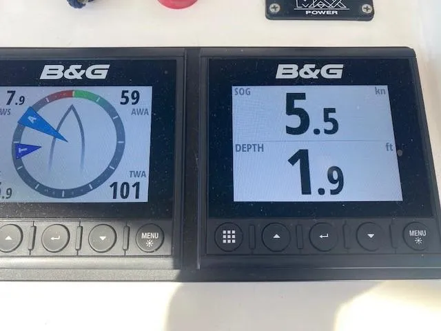 2.0 Impulsive Yacht Photos Pics B&G marine instruments displaying wind angle, speed, and depth on a 2005 Beneteau 57 yacht.