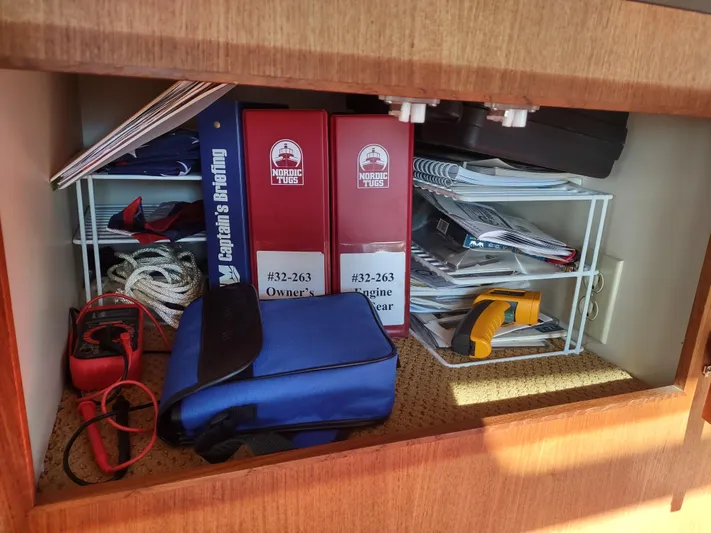 Santosha Yacht Photos Pics Storage compartment with Nordic Tug manuals, ropes, and equipment on a 2006 Nordic Tug 32.