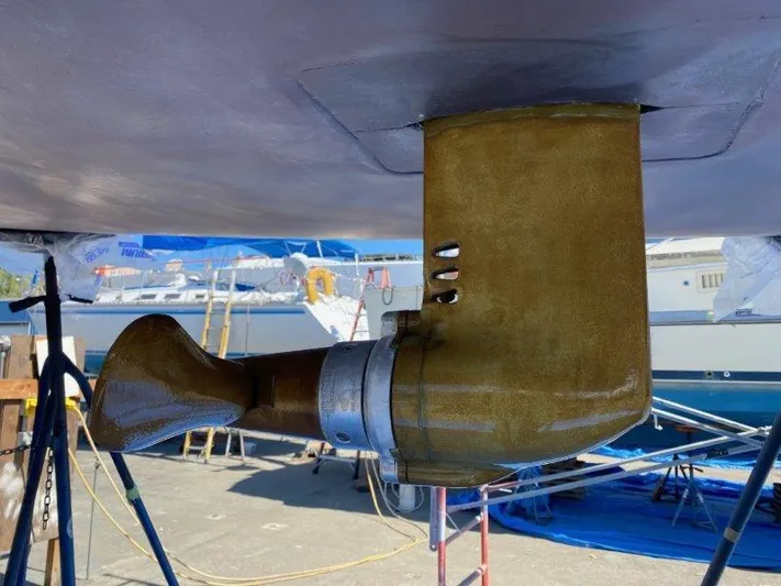 Rush Yacht Photos Pics 2018 Jeanneau Sun Fast 3600 sailboat propeller and rudder detail in dry dock.