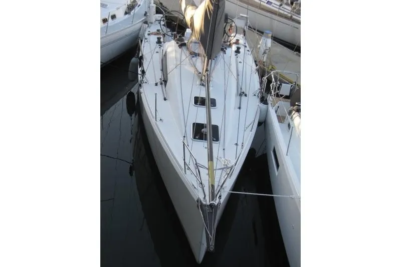 Rush Yacht Photos Pics 2018 Jeanneau Sun Fast 3600 sailboat docked in marina, top view.