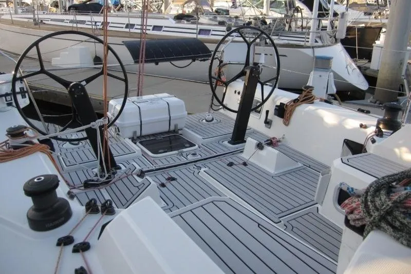 Rush Yacht Photos Pics 2018 Jeanneau Sun Fast 3600 sailboat cockpit with dual steering wheels at marina.
