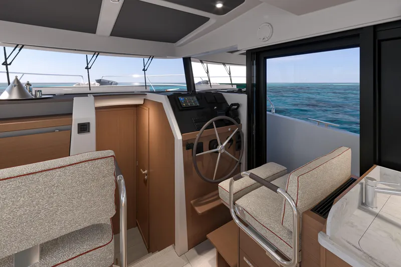  Yacht Photos Pics Interior of 2026 Beneteau Swift Trawler 37 Fly, featuring helm and ocean view.
