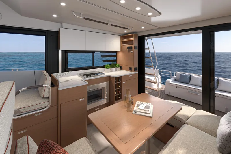 Yacht Photos Pics Interior of 2026 Beneteau Swift Trawler 37 Fly, featuring modern kitchen and ocean view.