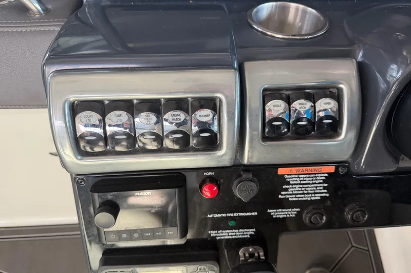  Yacht Photos Pics Control panel of a 2021 Formula 350 Crossover Bowrider I/O boat.