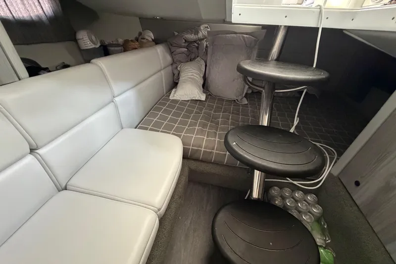  Yacht Photos Pics Interior cabin of 2021 Formula 350 Crossover Bowrider I/O with seating and bedding.