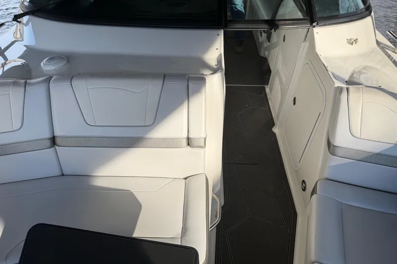  Yacht Photos Pics 2021 Formula 350 Crossover Bowrider I/O interior with white seating and sleek design.