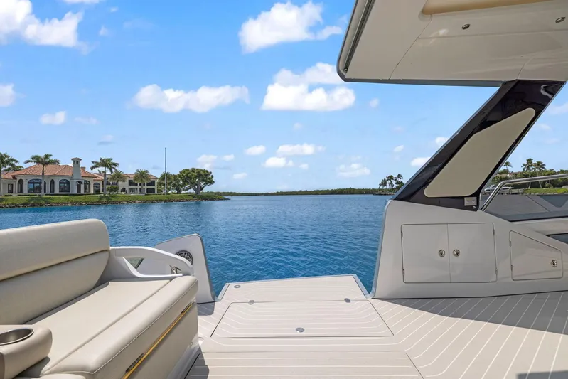 Second Chances Yacht Photos Pics Azimut Verve 47 yacht deck with scenic waterfront view, 2022 model.