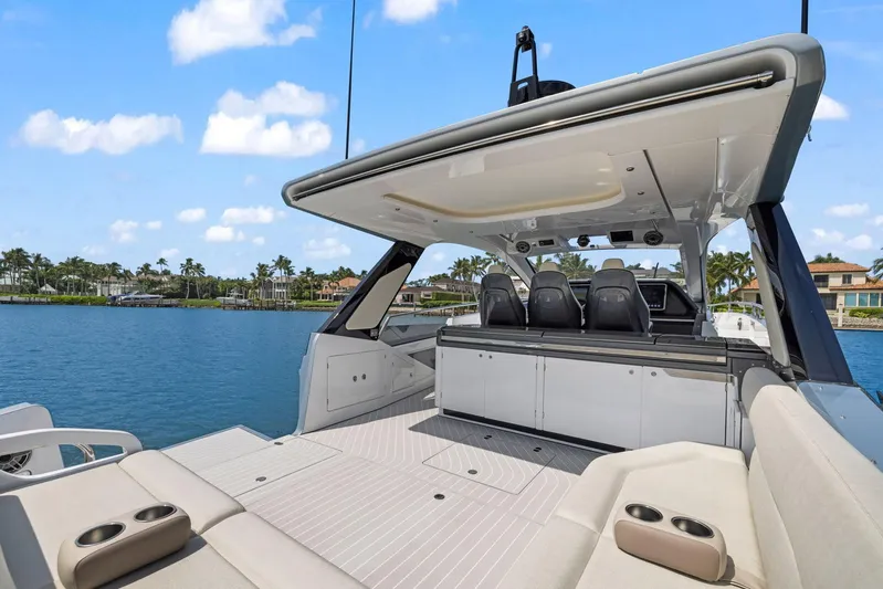 Second Chances Yacht Photos Pics Azimut Verve 47 yacht, 2022 model, featuring luxurious seating and sleek design on open water.