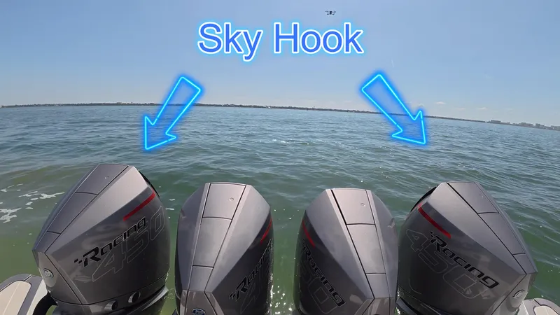 Second Chances Yacht Photos Pics 2022 Azimut Verve 47 boat engines with "Sky Hook" feature highlighted.