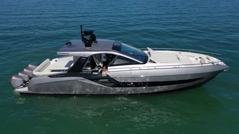 Second Chances Yacht Photos Pics 2022 Azimut Verve 47 luxury yacht cruising on clear blue water.