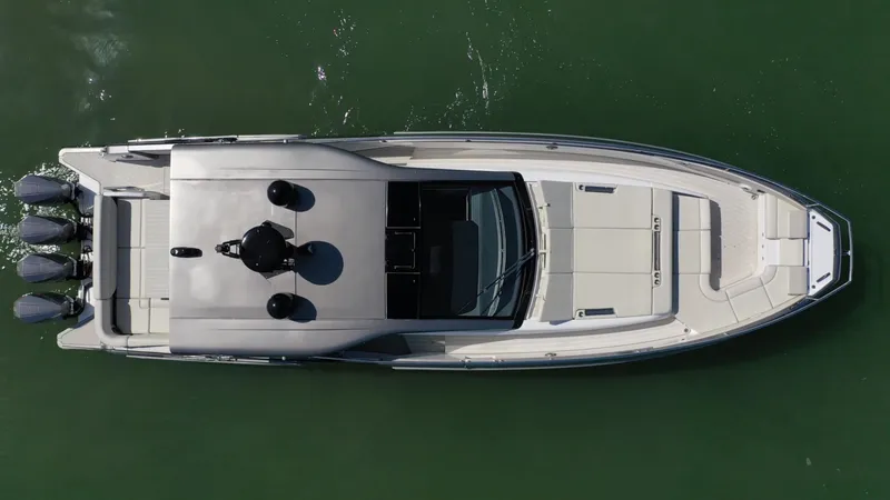 Second Chances Yacht Photos Pics Overhead view of 2022 Azimut Verve 47 yacht on green water.
