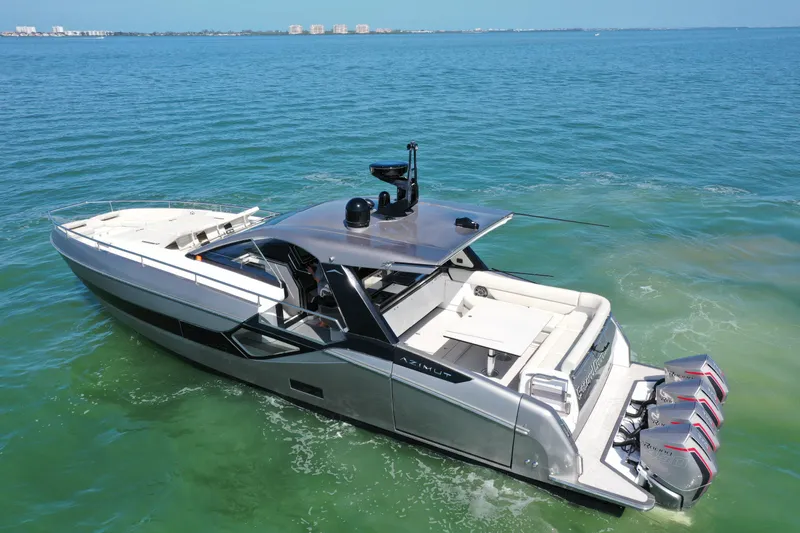 Second Chances Yacht Photos Pics 2022 Azimut Verve 47 luxury yacht cruising on clear blue water.