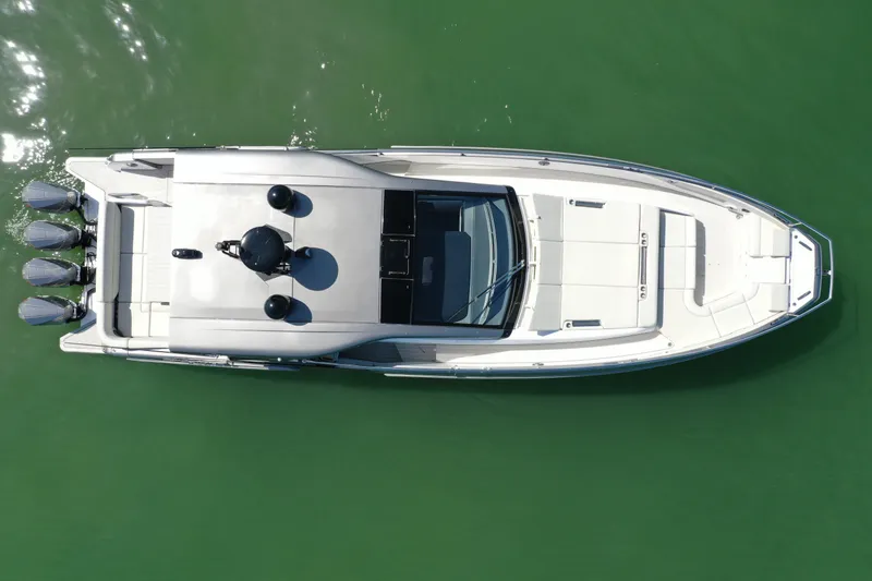 Second Chances Yacht Photos Pics Overhead view of 2022 Azimut Verve 47 yacht on green water.