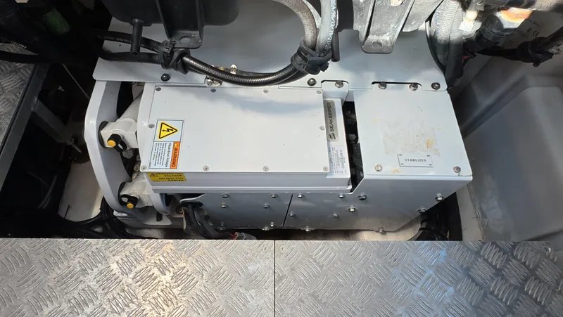 Second Chances Yacht Photos Pics Engine compartment of 2022 Azimut Verve 47 with stabilizer system.
