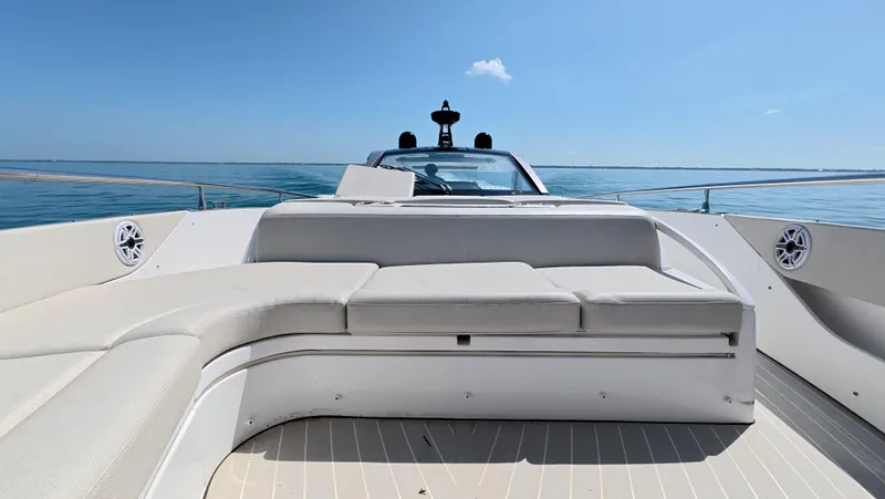 Second Chances Yacht Photos Pics 2022 Azimut Verve 47 yacht deck with luxurious seating and ocean view.