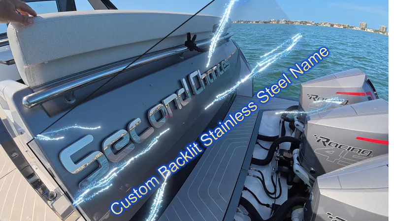 Second Chances Yacht Photos Pics 2022 Azimut Verve 47 with custom backlit stainless steel nameplate on the water.