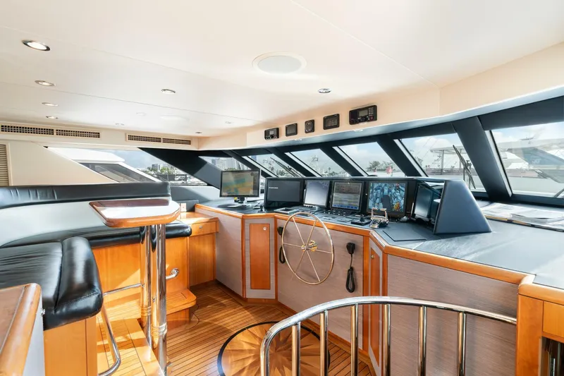 Magic Yacht Photos Pics Luxurious helm of 2005 Hatteras 100 Motor Yacht with modern navigation equipment.