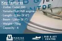 Zodiac Cadet 290 inflatable boat with Yamaha engine, 2.9m length, 1.56m beam, 75kg weight, 4-person capacity.