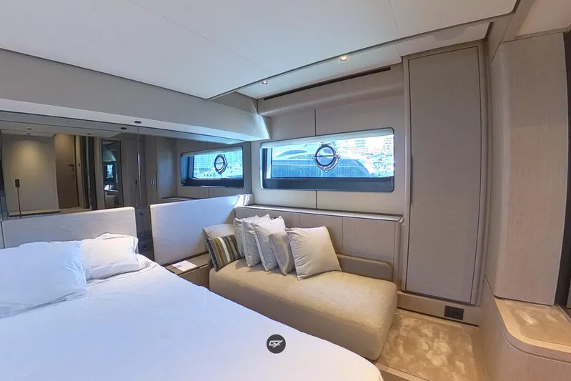  Yacht Photos Pics Luxurious interior of 2023 Ferretti Yachts 580, featuring elegant bedroom and seating area.