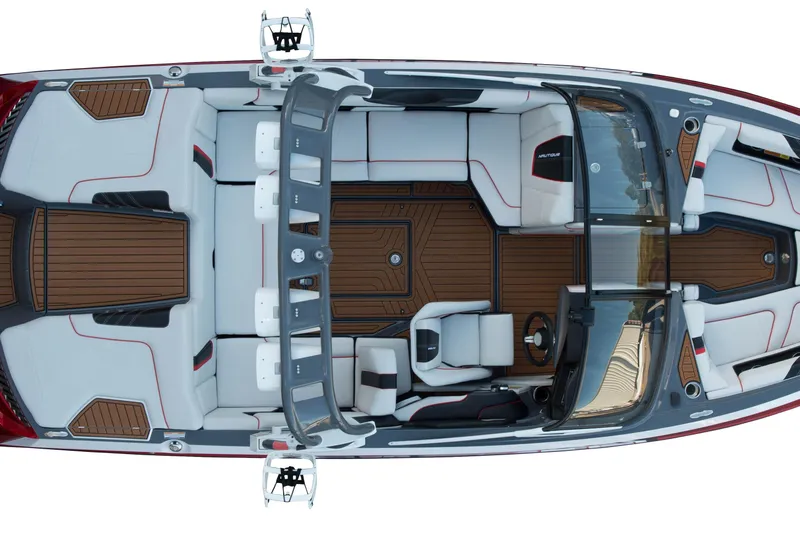  Yacht Photos Pics Top view of 2026 Nautique Super Air Nautique G21 boat interior, featuring sleek seating and wood accents.