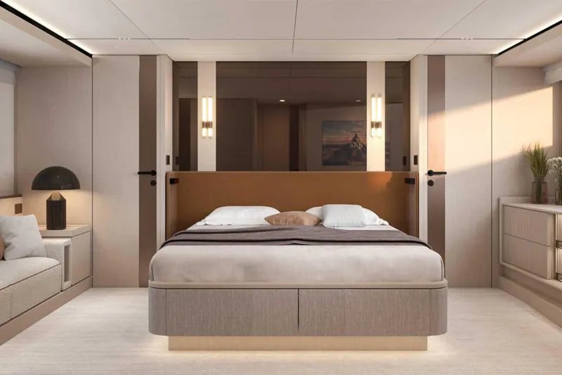  Yacht Photos Pics Luxurious bedroom interior of 2027 Solaris Power 70 GRAND COUPE yacht, featuring modern design and elegant furnishings.