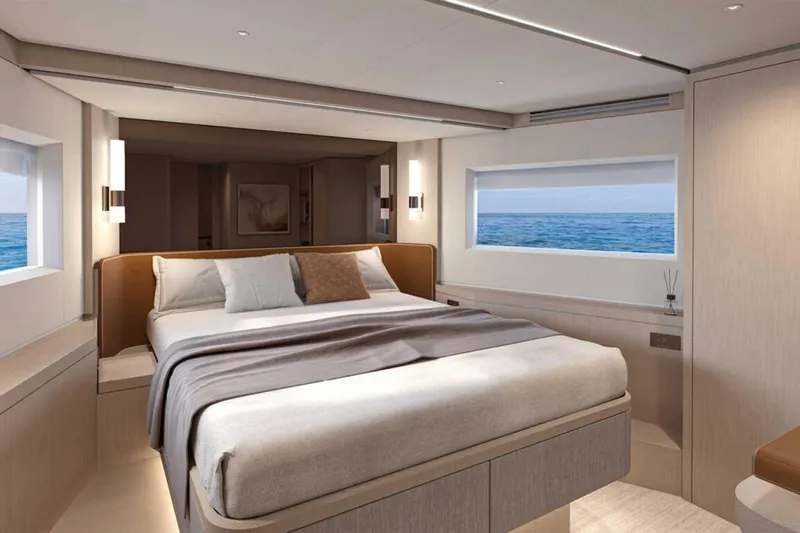  Yacht Photos Pics Luxurious bedroom interior of 2027 Solaris Power 70 GRAND COUPE yacht with ocean view.