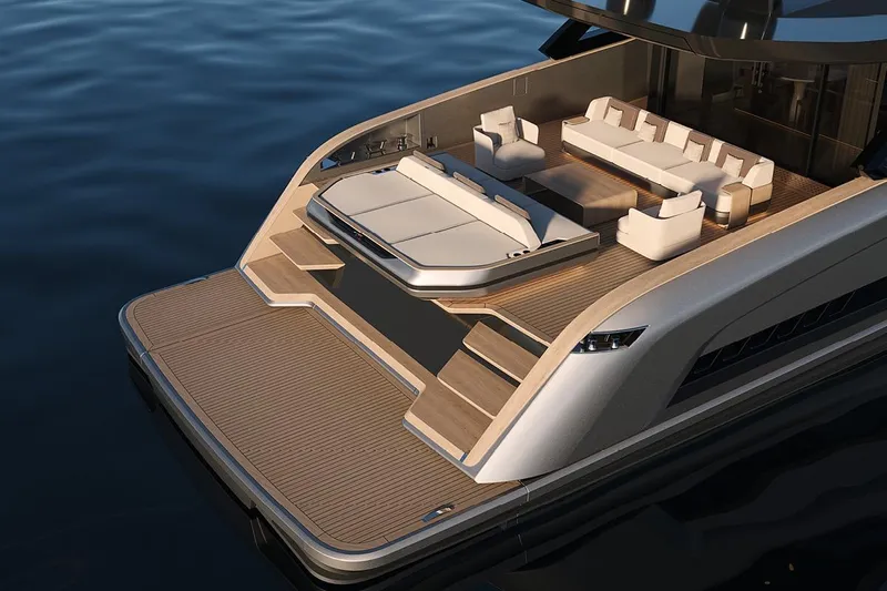  Yacht Photos Pics Luxurious 2027 Solaris Power 70 GRAND COUPE yacht with elegant deck and seating area.