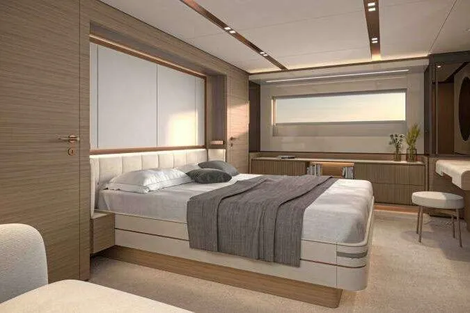  Yacht Photos Pics Luxurious bedroom interior of 2027 Solaris Power 70 GRAND COUPE yacht, featuring modern design.