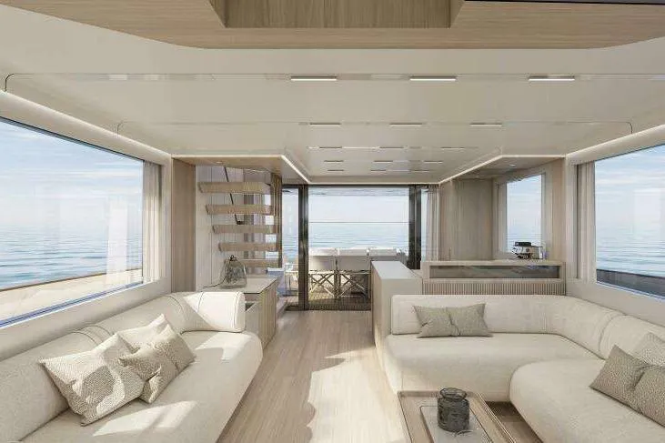  Yacht Photos Pics Luxurious interior of 2027 Solaris Power 70 GRAND COUPE yacht with modern design and ocean view.