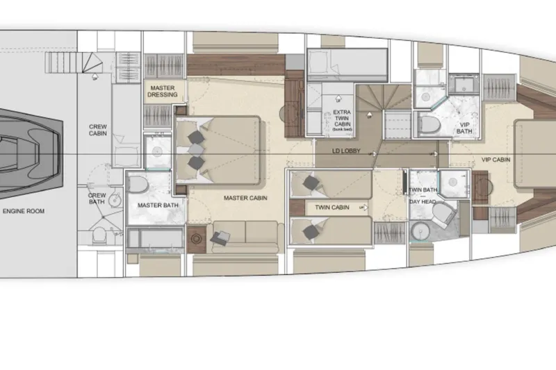  Yacht Photos Pics Floor plan of 2027 Solaris Power 70 GRAND COUPE yacht with detailed cabin layout.