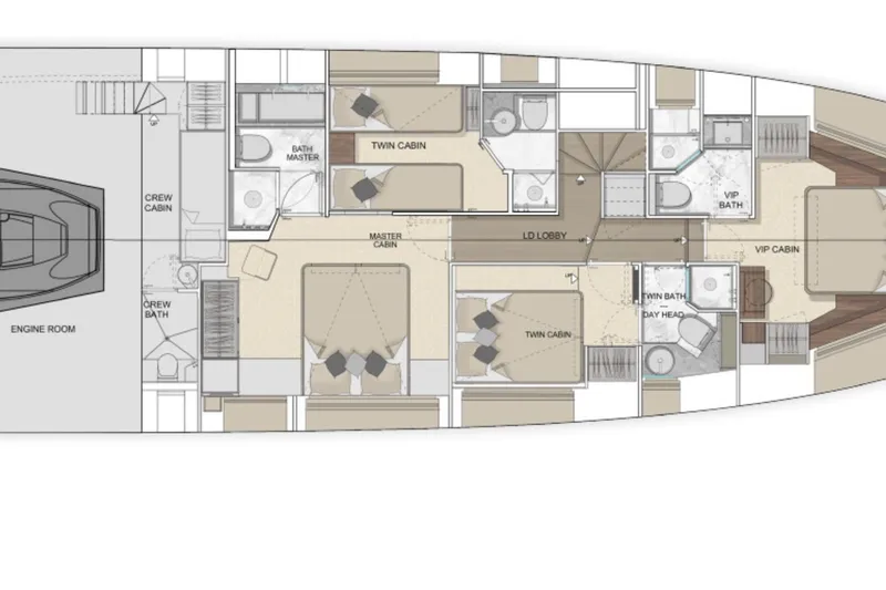  Yacht Photos Pics Floor plan of 2027 Solaris Power 70 GRAND COUPE yacht with cabins and amenities.