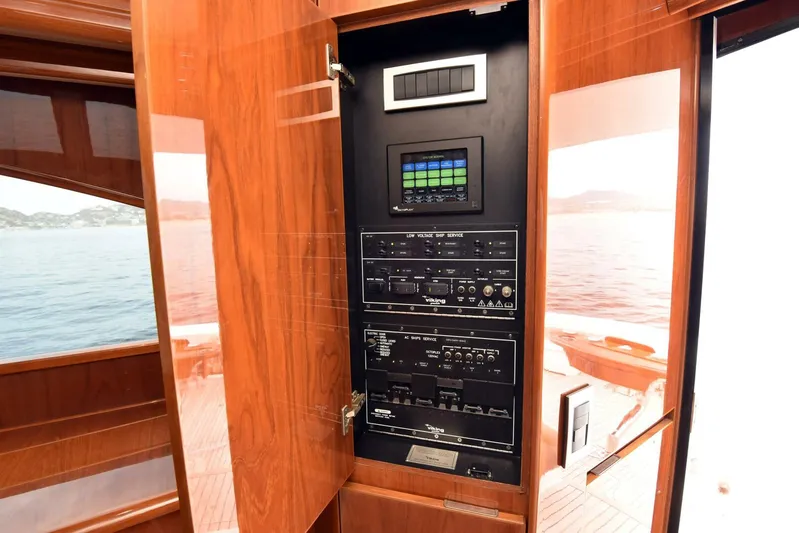Crank It Up Yacht Photos Pics Control panel inside 2014 Viking 62 Convertible yacht with ocean view.