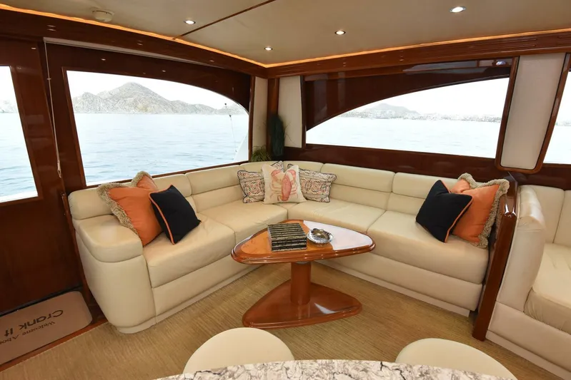 Crank It Up Yacht Photos Pics Luxurious interior of 2014 Viking 62 Convertible yacht with scenic ocean view.
