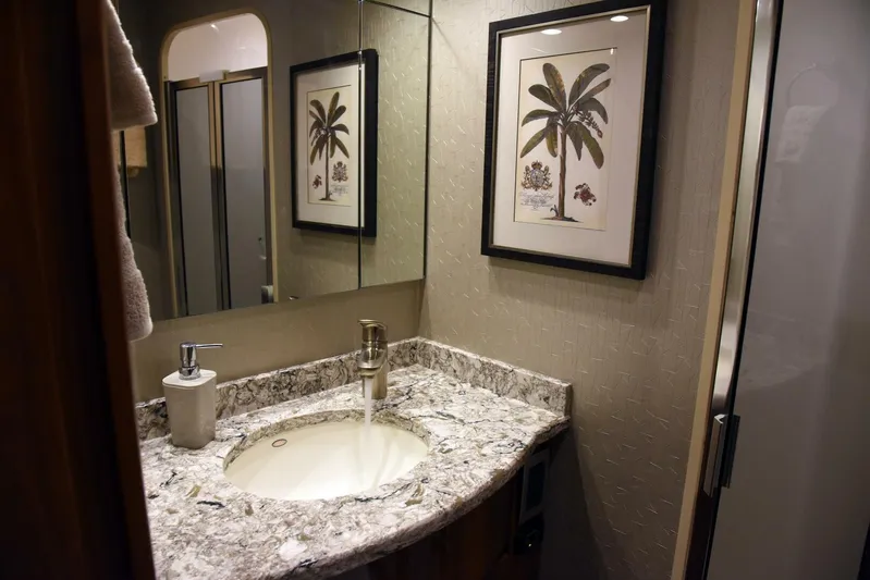 Crank It Up Yacht Photos Pics 2014 Viking 62 Convertible bathroom with marble countertop and palm tree artwork.