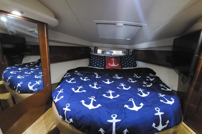  Yacht Photos Pics Luxurious cabin interior of 2008 Sea Ray 40 Sundancer with nautical-themed bedding.