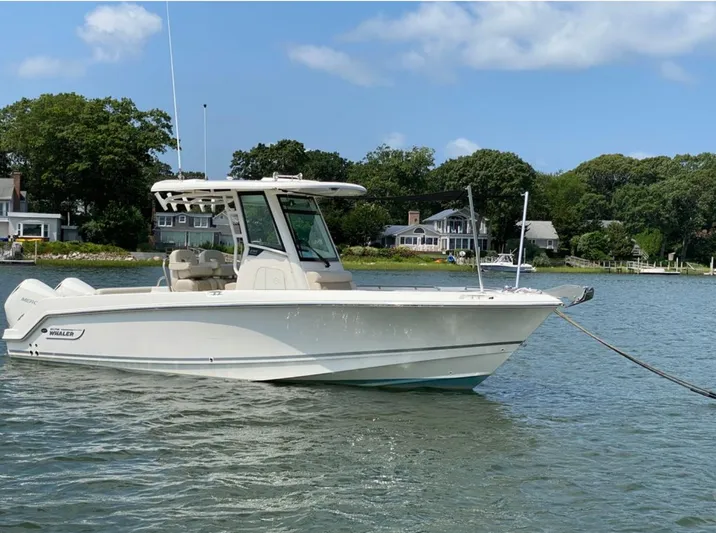 Patriot Yacht Photos Pics 2020 Boston Whaler 250 R boat anchored on a calm lake with houses in the background.
