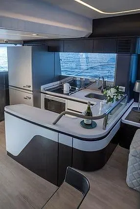  Yacht Photos Pics Luxurious Schaefer 600 yacht kitchen interior with modern design, 2026 model.