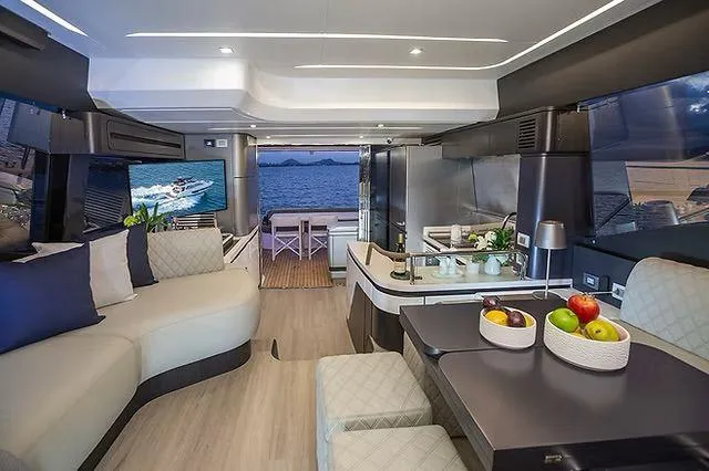  Yacht Photos Pics Luxurious interior of 2026 Schaefer 600 yacht with modern design and ocean view.