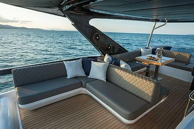  Yacht Photos Pics Luxurious Schaefer 600 yacht deck with elegant seating, ocean view, and modern design, 2026 model.