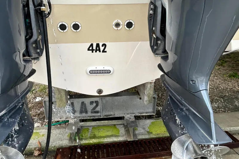  Yacht Photos Pics 2013 Grady-White Freedom 335 boat stern with dual outboard motors.