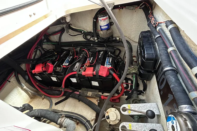  Yacht Photos Pics 2013 Grady-White Freedom 335 boat battery compartment with wiring and components.