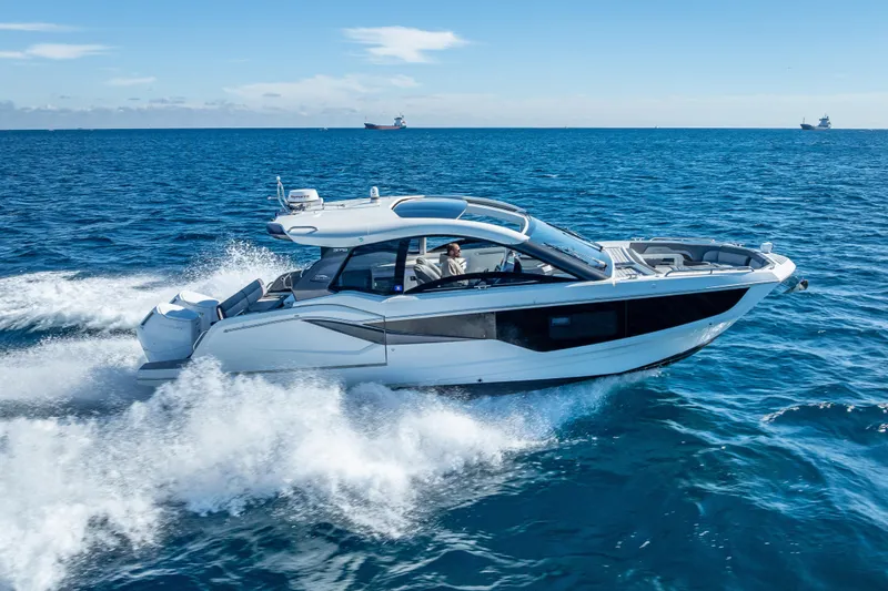  Yacht Photos Pics 2023 Galeon 375 GTO luxury yacht cruising on open sea.