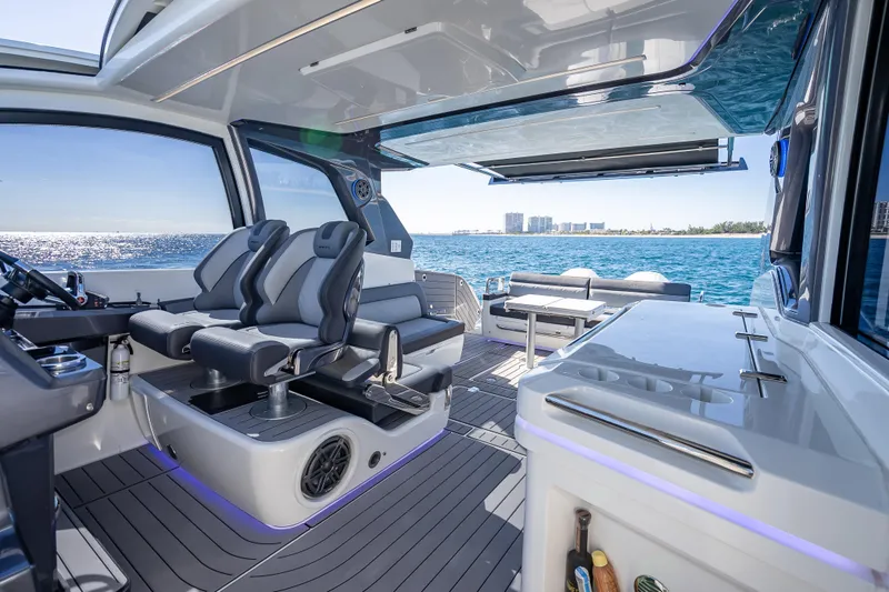  Yacht Photos Pics 2023 Galeon 375 GTO luxury yacht interior with ocean view and modern seating.